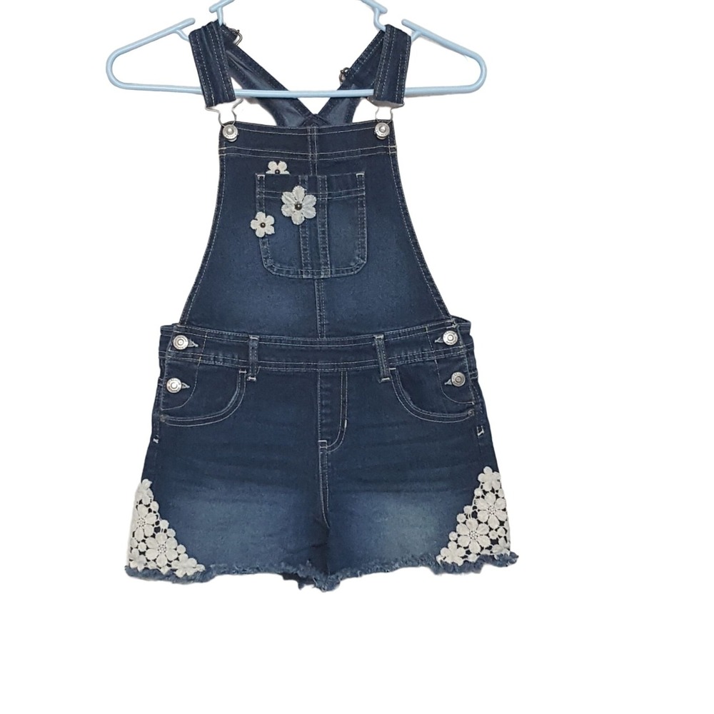 Jordache Girls Denim Bib Overall Shorts Size L 10/12 Distressed Raw Hem Lace